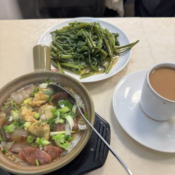 Clay Pot Cafe - chicken and sausage clay pot rice, water spinach, Hong Kong style milk tea - Cantonese Near Me - Boston, Massachusetts