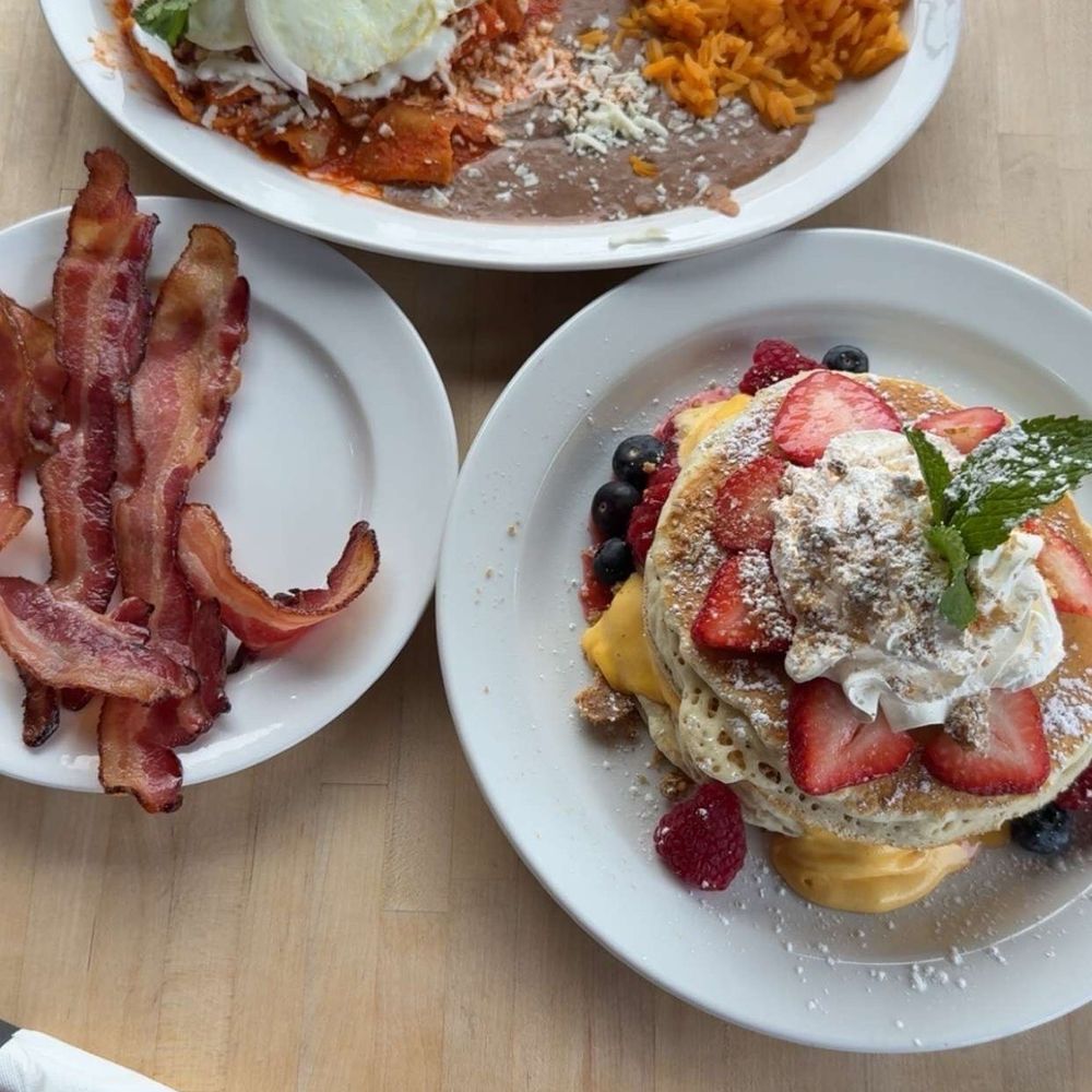 Chilaquiles Rojos and Oranges Pancakes Chilaquiles Rojos and Oranges Pancakes