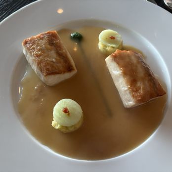 Salt - Cobia with Confit Fingerling Potato, Red Wine - Andouille Jus - New American Near Me - Amelia Island, Florida