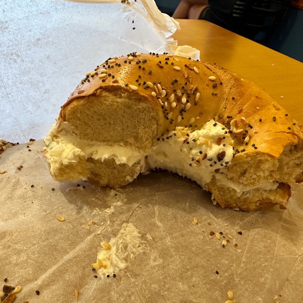 Everything bagel with chive cream cheese. Everything bagel with chive cream cheese.