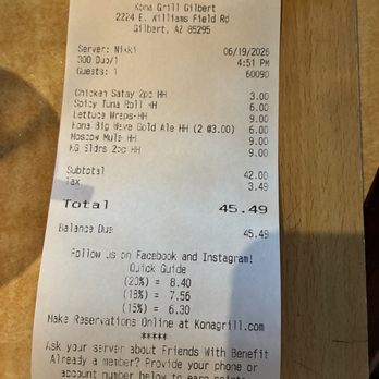 Kona Grill - Gilbert - Bill - Sushi Bars Near Me - Gilbert, Arizona Kona Grill - Gilbert - Bill - Sushi Bars Near Me - Gilbert, Arizona