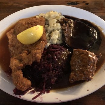 Restaurant Edelweiss - Sampler plate. Rouladen, Schnitzel, cabbage, potato salad, and zaurbraten. All great - German Near Me - Bradenton, Florida Restaurant Edelweiss - Sampler plate. Rouladen, Schnitzel, cabbage, potato salad, and zaurbraten. All great - German Near Me - Bradenton, Florida