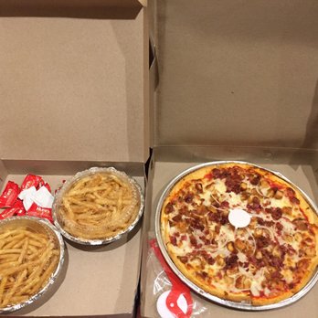 Luigis Pizza - two pizzas and french fries - Pizza Near Me - Brooklyn, New York