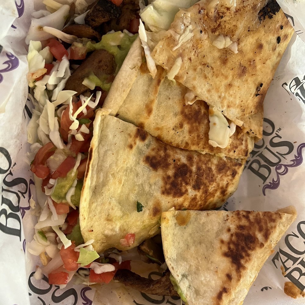 Taco Bus - Quesadilla with vegan steak and guac/rice/beans add ons ($13) - Food Trucks Near Me - Clearwater, Florida Taco Bus - Quesadilla with vegan steak and guac/rice/beans add ons ($13) - Food Trucks Near Me - Clearwater, Florida