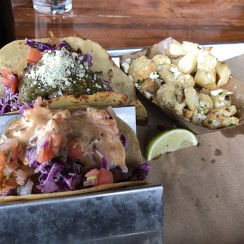 Cuoco Bella - El Porko (pulled pork-back) and the Po'Nino (shrimp- front) with a side of cauliflower - Wine Bars Near Me - Mayfield, Ohio