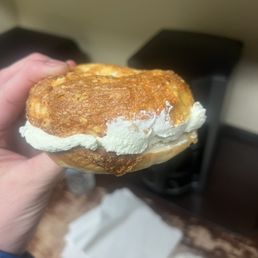 Cheese bagel with onion cream cheese. Delicioussss Cheese bagel with onion cream cheese. Delicioussss
