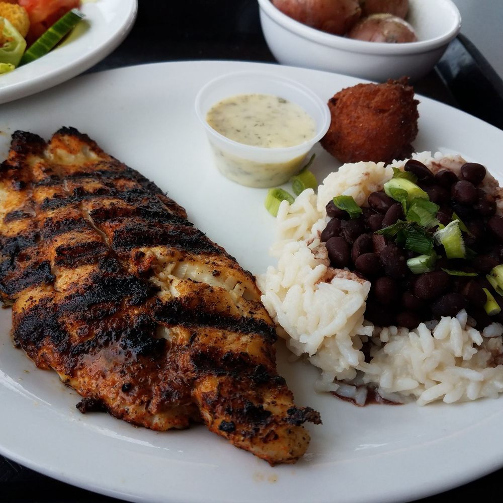 Flying Burger & Seafood - Grilled Catfish served with a salad and rice and beans. - American Near Me - Caddo Valley, Arkansas Flying Burger & Seafood - Grilled Catfish served with a salad and rice and beans. - American Near Me - Caddo Valley, Arkansas