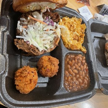 Q Daddy’s Pitmaster BBQ - Pulled pork sandwich, cheese potatoes, baked beans and hush puppies. - Barbeque Near Me - Wakefield, Virginia Q Daddy’s Pitmaster BBQ - Pulled pork sandwich, cheese potatoes, baked beans and hush puppies. - Barbeque Near Me - Wakefield, Virginia