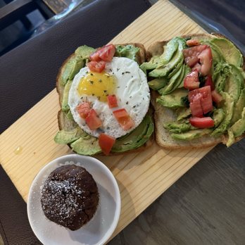 The Red Bud Cafe - Avocado Toast (add one sunny side up egg) and a muffin - Cafes Near Me - Daytona Beach, Florida The Red Bud Cafe - Avocado Toast (add one sunny side up egg) and a muffin - Cafes Near Me - Daytona Beach, Florida