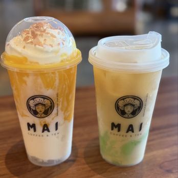 MAI Coffee & Tea House - Peach Oolong Milk Tea with matcha tofu and Mochi Mango - Coffee & Tea Near Me - Gardena, California MAI Coffee & Tea House - Peach Oolong Milk Tea with matcha tofu and Mochi Mango - Coffee & Tea Near Me - Gardena, California