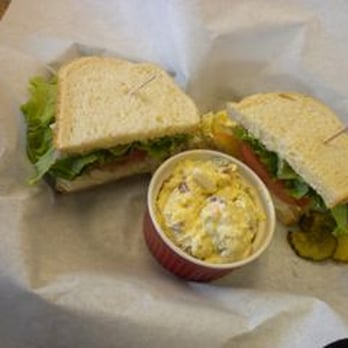 Bajis Cafe - "Deviled egg" sandwich that wasn't, with potato salad. - Breakfast & Brunch Near Me - Mountain View, California Bajis Cafe - "Deviled egg" sandwich that wasn't, with potato salad. - Breakfast & Brunch Near Me - Mountain View, California