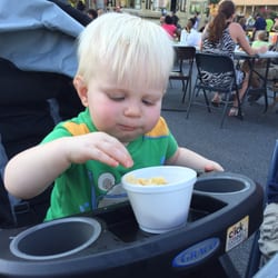 Dinner At the Depot - Adam digging into AngelFire BBQ mac & cheese.