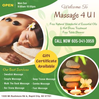 Massage 4 U 1 - Walk-in & Appointment Welcome - Massage Therapy Near Me - Rapid City, South Dakota Massage 4 U 1 - Walk-in & Appointment Welcome - Massage Therapy Near Me - Rapid City, South Dakota
