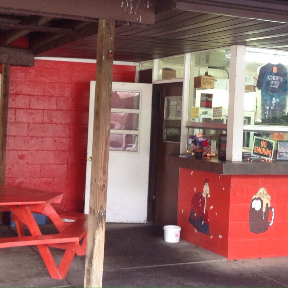 a red table and bench