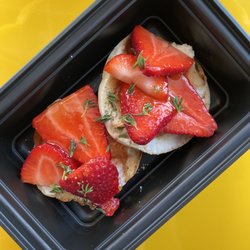 BERRYS AND GOAT CHEESE toasted English muffin, goat cheese, honey'd strawberries and fresh thyme.