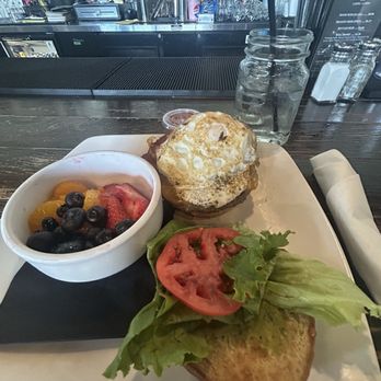 Tipsy Beans Cafe - Morning after burger with side of fruits - Bars Near Me - Williamsburg, Virginia