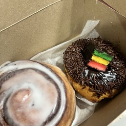 Cinnamon bun and rainbow cookie donut