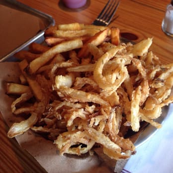 Little Stack Haystack Burgers - Half and half fries and onion straws. The dipping sauce was spicy compliment. - Burgers Near Me - Richardson, Texas