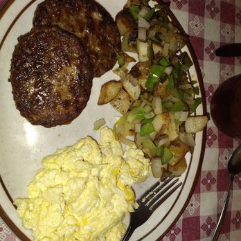 The Train Depot - Two sausage patties eggs scrambled potatoes with bell peppers and onions - Sandwiches Near Me - Fresno, California The Train Depot - Two sausage patties eggs scrambled potatoes with bell peppers and onions - Sandwiches Near Me - Fresno, California