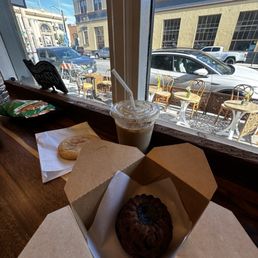 Snickerdoodle cookie, vegan pastry, and chai latte. Snickerdoodle cookie, vegan pastry, and chai latte.
