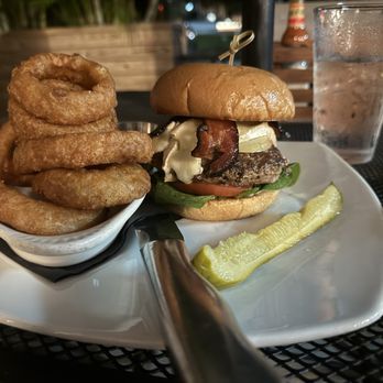 Too Cool Cafe - Apple Brie Burger with Onion Rings - New American Near Me - Indian Harbour Beach, Florida Too Cool Cafe - Apple Brie Burger with Onion Rings - New American Near Me - Indian Harbour Beach, Florida