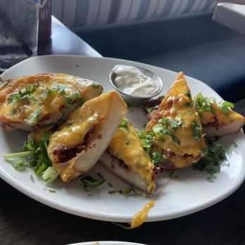 Brigantine - Potato Skins - prob our least favorite. Too much potato, not enough toppings - Seafood Near Me - Del Mar, California Brigantine - Potato Skins - prob our least favorite. Too much potato, not enough toppings - Seafood Near Me - Del Mar, California