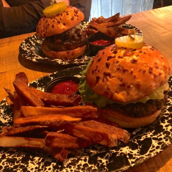 Fox and Crow - Mighty tasty burgers! Old Blue at the back, Black Bean in front. Excellent fries! - Cocktail Bars Near Me - Jersey City, New Jersey Fox and Crow - Mighty tasty burgers! Old Blue at the back, Black Bean in front. Excellent fries! - Cocktail Bars Near Me - Jersey City, New Jersey