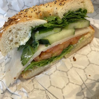 Einstein Bros. Bagels - Delicious, fresh turkey sandwich on everything bagel.  Asked for mayo - came with tomatoes, spinach and sliced cucumber.  Delicious!!! - Bagels Near Me - Las Vegas, Nevada