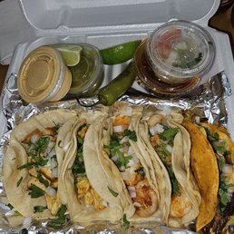 Five taco mix and match. Shrimp, chicken and birria. Five taco mix and match. Shrimp, chicken and birria.