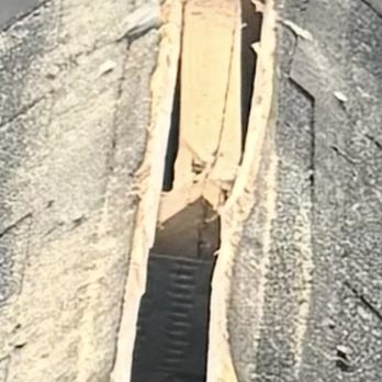 Volpe Enterprises - sloppy ridge cut over the soffit...not done correctly. - Roofing Near Me - North Wales, Pennsylvania Volpe Enterprises - sloppy ridge cut over the soffit...not done correctly. - Roofing Near Me - North Wales, Pennsylvania