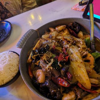 Spicy PoPo Szechuan Fish - Numbing dry pot with shrimp, lotus root, mushrooms with a side of rice - Szechuan Near Me - Bellevue, Washington Spicy PoPo Szechuan Fish - Numbing dry pot with shrimp, lotus root, mushrooms with a side of rice - Szechuan Near Me - Bellevue, Washington