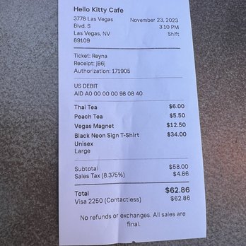 Hello Kitty Cafe - RECEIPT - Desserts Near Me - Las Vegas, Nevada