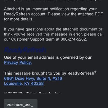 ReadyRefresh - a screenshot of a message sent to a customer - Water Delivery Near Me - Houston, Texas
