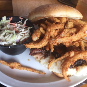 Uncle Elder's Family Restaurant - Special- brisket, mashed potatoes and onion straws with a side of coleslaw (extra $1) - Barbeque Near Me - Culpeper, Virginia