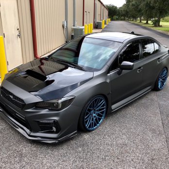 Addiption - 2018 Subaru WRX Metallic Grey Wrap with Gloss Black Accents and Sky Pearl Blue Wheels. - Vehicle Wraps Near Me - Tampa, Florida Addiption - 2018 Subaru WRX Metallic Grey Wrap with Gloss Black Accents and Sky Pearl Blue Wheels. - Vehicle Wraps Near Me - Tampa, Florida