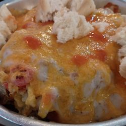 Skillet with a crumbled biscuit