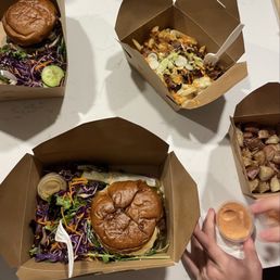 House burger, mushroom burger, owl fries, potatoes