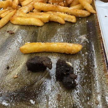 Bigfoot's Den - 'Steak Bites' on our salad. Yeah, they were that small and burnt. That's an average fry to give you scale. - Indian Near Me - Sedro-Woolley, Washington
