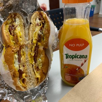 Queens Bagels & Delicatessen - Bacon Egg and Cheese + orange juice for $10.99 - Bagels Near Me - Forest Hills, New York