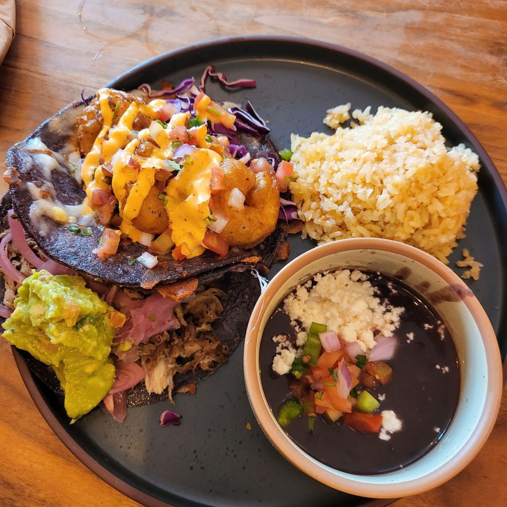 Contento Cafe - Shrimp and pork taco with rice and beans - Coffee & Tea Near Me - South Salt Lake, Utah