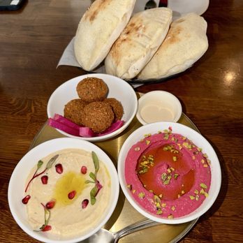 Ammatoli - Three Way Mezza w/ Roasted Beets Hummus, Mutabbal, Falafel, & Housemade Pita - Mediterranean Near Me - Long Beach, California