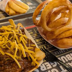 Chili cheese fries and onion rings