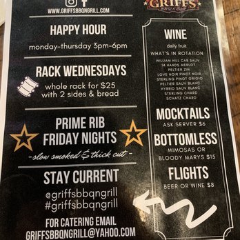 Griff's BBQ & Grill - Back of menu 1/1/21 - American Near Me - Copperopolis, California