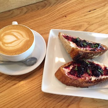 Thump Coffee - Latte and cream cheese, blackberry jam, and thyme toast - Coffee & Tea Near Me - Denver, Colorado Thump Coffee - Latte and cream cheese, blackberry jam, and thyme toast - Coffee & Tea Near Me - Denver, Colorado