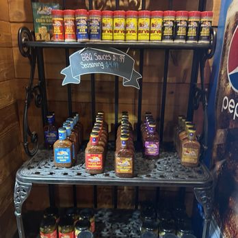 Famous Dave's Bar-B-Que - Spice and sauce rack. You can buy something and take it home. - Barbeque Near Me - Reno, Nevada
