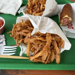 Onion rings, fries and hand dipped corn dog Onion rings, fries and hand dipped corn dog