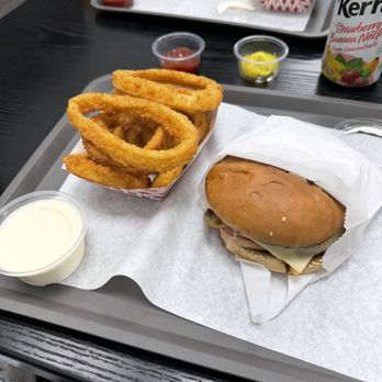 The Burgerplus - Swiss mushroom burger w/onion rings 5/5 - Burgers Near Me - Montebello, California