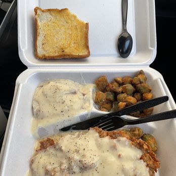 Del Rancho - Chicken Fried Steak dinner with mashed potatoes and fried okra. - Burgers Near Me - Oklahoma City, Oklahoma Del Rancho - Chicken Fried Steak dinner with mashed potatoes and fried okra. - Burgers Near Me - Oklahoma City, Oklahoma