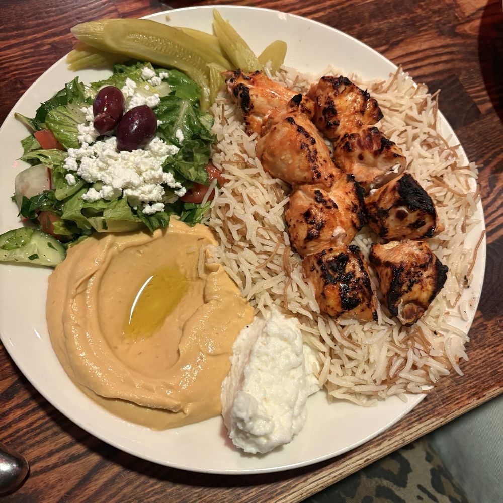 Open Sesame - Chicken Twaook with open sesame salad and spicy hummus - Mediterranean Near Me - Long Beach, California Open Sesame - Chicken Twaook with open sesame salad and spicy hummus - Mediterranean Near Me - Long Beach, California