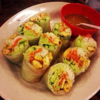 Noodle World - #8 Chicken Satay Hand Rolls: Grilled chicken satay strips, cucumber, cilantro, basil and rice vermicelli noodles. 7.25 - Chinese Near Me - Alhambra, California